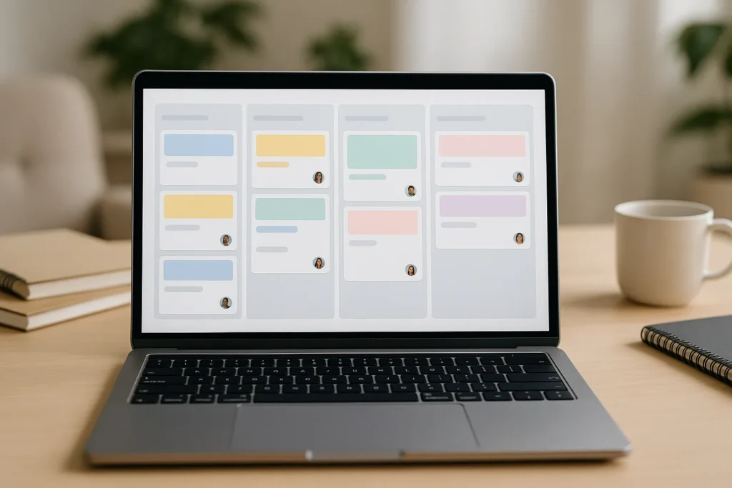 A polished close-up of a modern project management board on a laptop screen, showing blank columns, colorful cards, and subtle collaborator avatars, a...