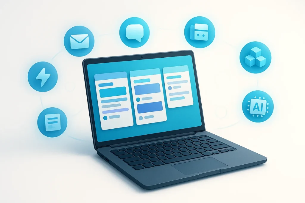 A polished editorial 3D illustration of a single laptop displaying an abstract Trello-style kanban board, surrounded by subtle glowing connection symb...