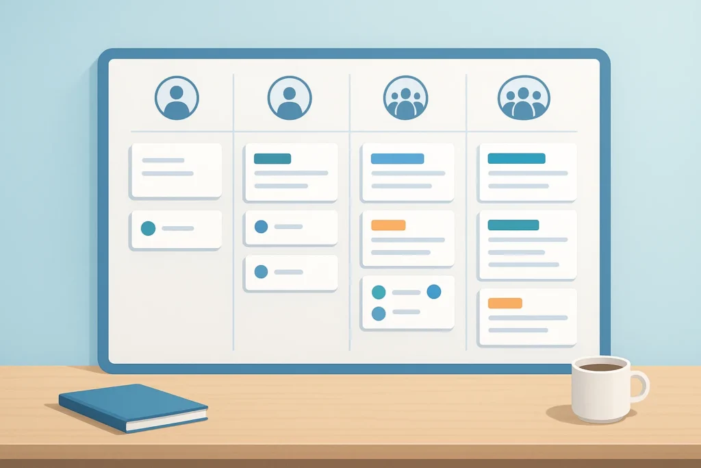 A polished, modern illustration of a kanban project board on a desk, showing four distinct levels of organization through progressively richer columns...