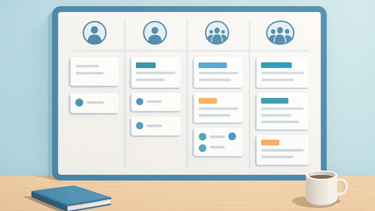 A polished, modern illustration of a kanban project board on a desk, showing four distinct levels of organization through progressively richer columns...