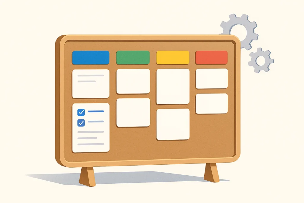 Create a clean, modern editorial illustration of a colorful project-management board represented as a single freestanding corkboard with neatly arrang...