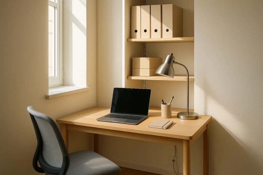 how to organize a small home office - Photorealistic editorial image of a compact, neatly organized home office desk in a small bright corner, featuring a slim wooden desk, ergonomic chair...