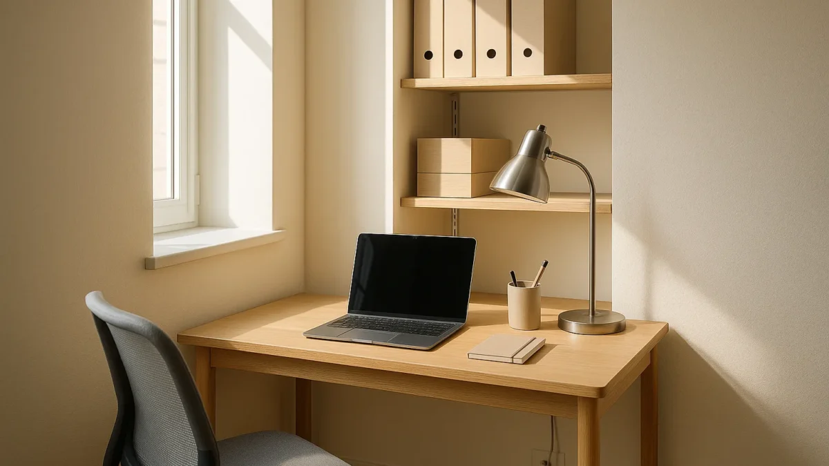 how to organize a small home office - Photorealistic editorial image of a compact, neatly organized home office desk in a small bright corner, featuring a slim wooden desk, ergonomic chair...