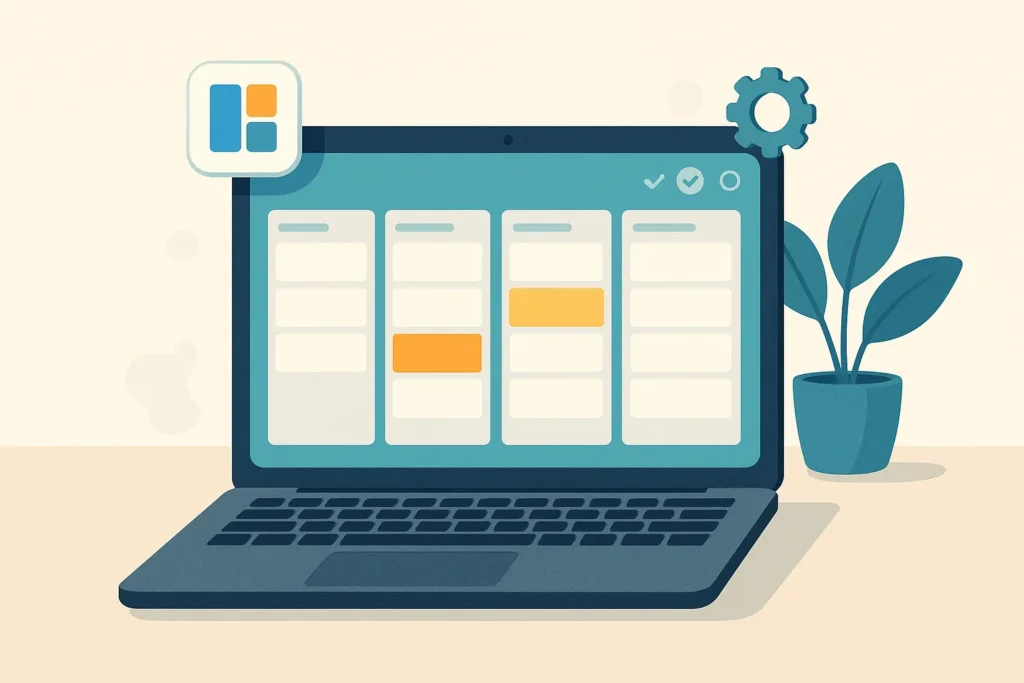 https://trello.com/ - Create a clean editorial illustration of a single laptop displaying a colorful kanban project board inspired by Trello, with neatly arranged blank car...